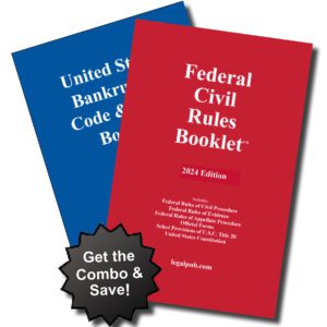 LegalPub.com's 2024 Product "Combo" -- the 2024 United States Bankruptcy Code & Rules Booklet, ISBN 9781934852507 plus the 2024 Federal Civil Rules Booklet, ISBN 9781934852491. Get both books for just $57.00.